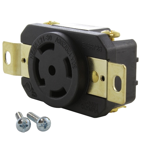 Ac Works Locking Receptacle, L21-30R, 30 A, 120/208V AC, 4 Pole, Flush Mount, Black FML2130R